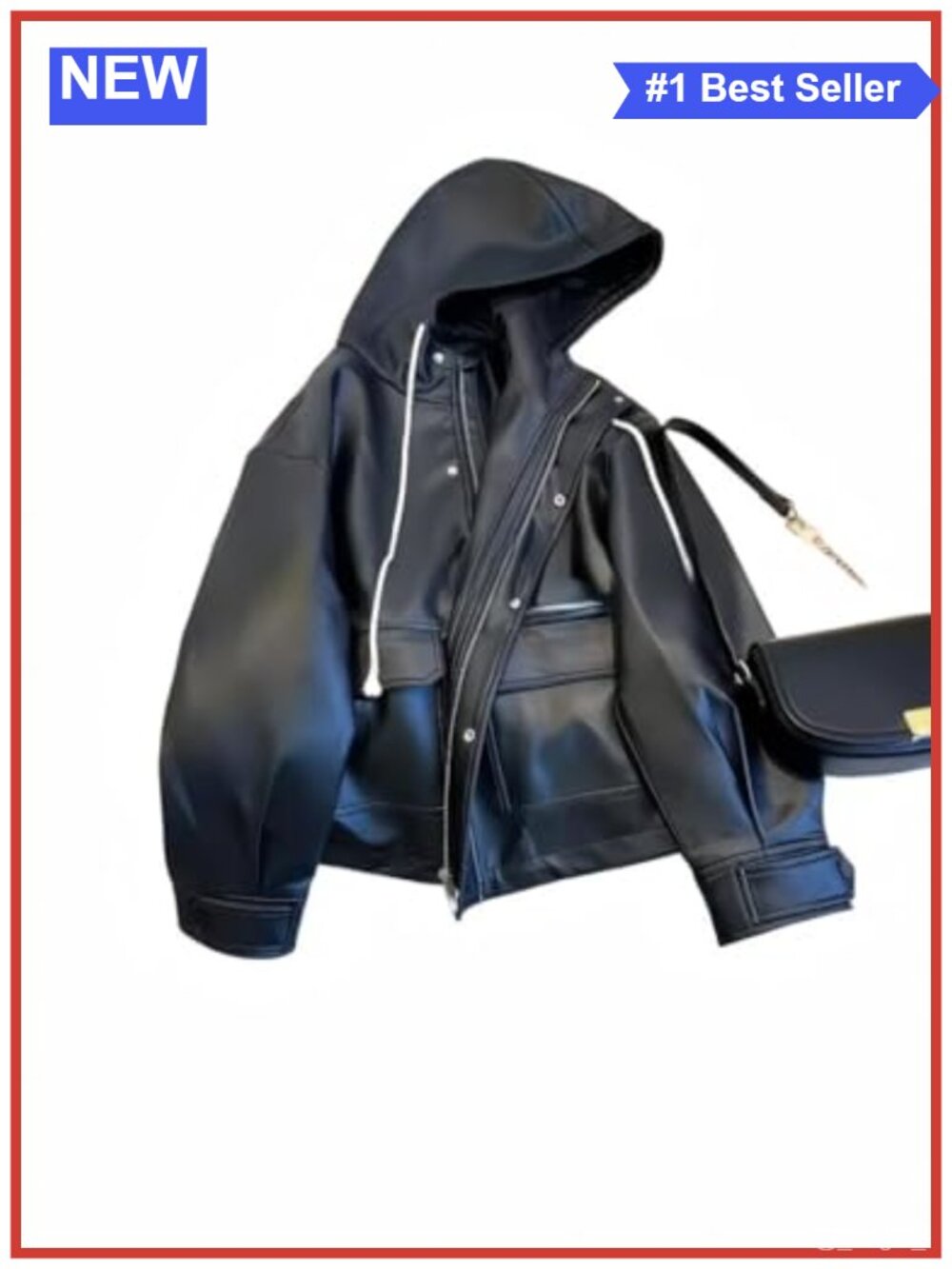 Faux Leather Hooded Jacket Zip Front Pockets Casual Streetwear